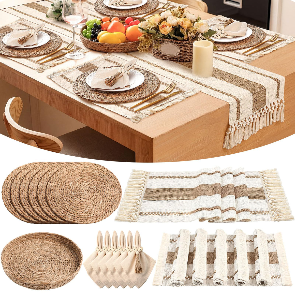 6 Sets Dining Table Decoration Boho Placemat, Khaki, 12x72