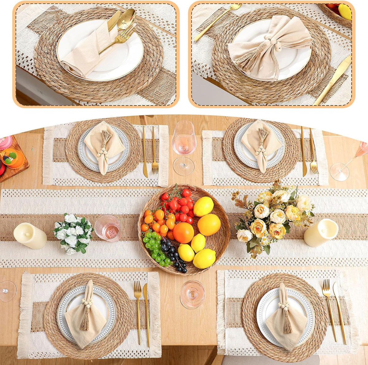 6 Sets Dining Table Decoration Boho Placemat, Khaki, 12x72