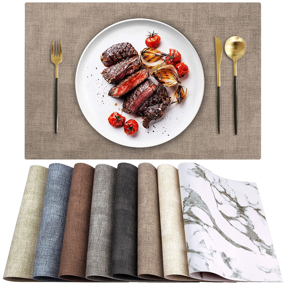Leather Heat Resistant Placemats Set of 6 Waterproof Wipeable Washable PU Table Mats,Easy to Clean Anti-Slip (6, Blue)