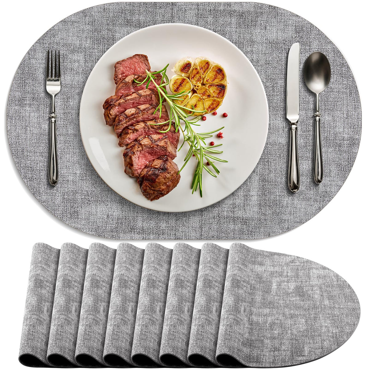 Placemats for Dining Table Set of 8 Non-Slip, Heat Resistant Oval Leather Placemat Double Layer, Waterproof Table Mats Easy to Clean for Kitchen Dining Room Coffee Office Table, Beige