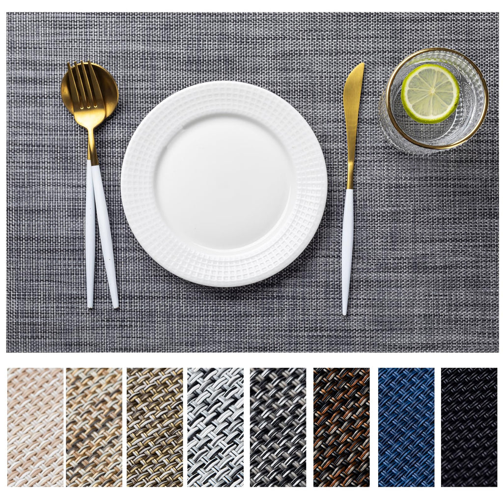 LEXMORE Placemats Set of 4 Vinyl/Plastic Woven Place Mats for Kitchen Table Indoor/Outdoor Washable Placemat Wipeable Dining Table Mats(Gray)