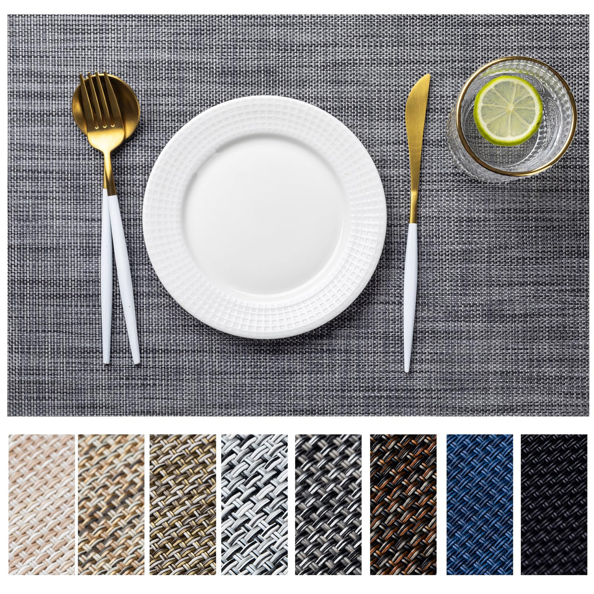 LEXMORE Placemats Set of 4 Vinyl/Plastic Woven Place Mats for Kitchen Table Indoor/Outdoor Washable Placemat Wipeable Dining Table Mats(Gray)