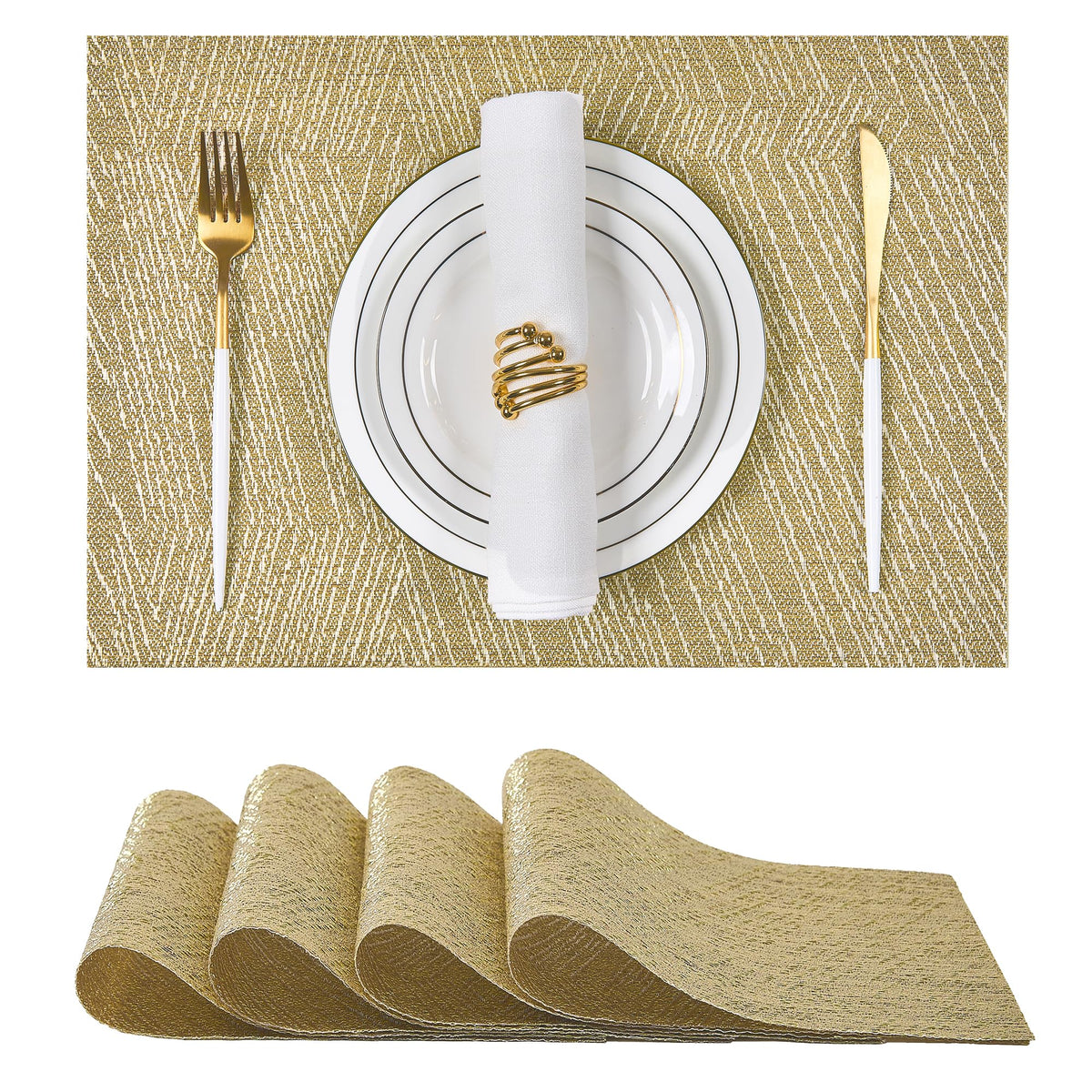 Leetaltree Beige Placemats Set of 4 - Heat-Resistant, Non-Slip Table Mats, Washable Woven Vinyl for Indoor & Outdoor Dining