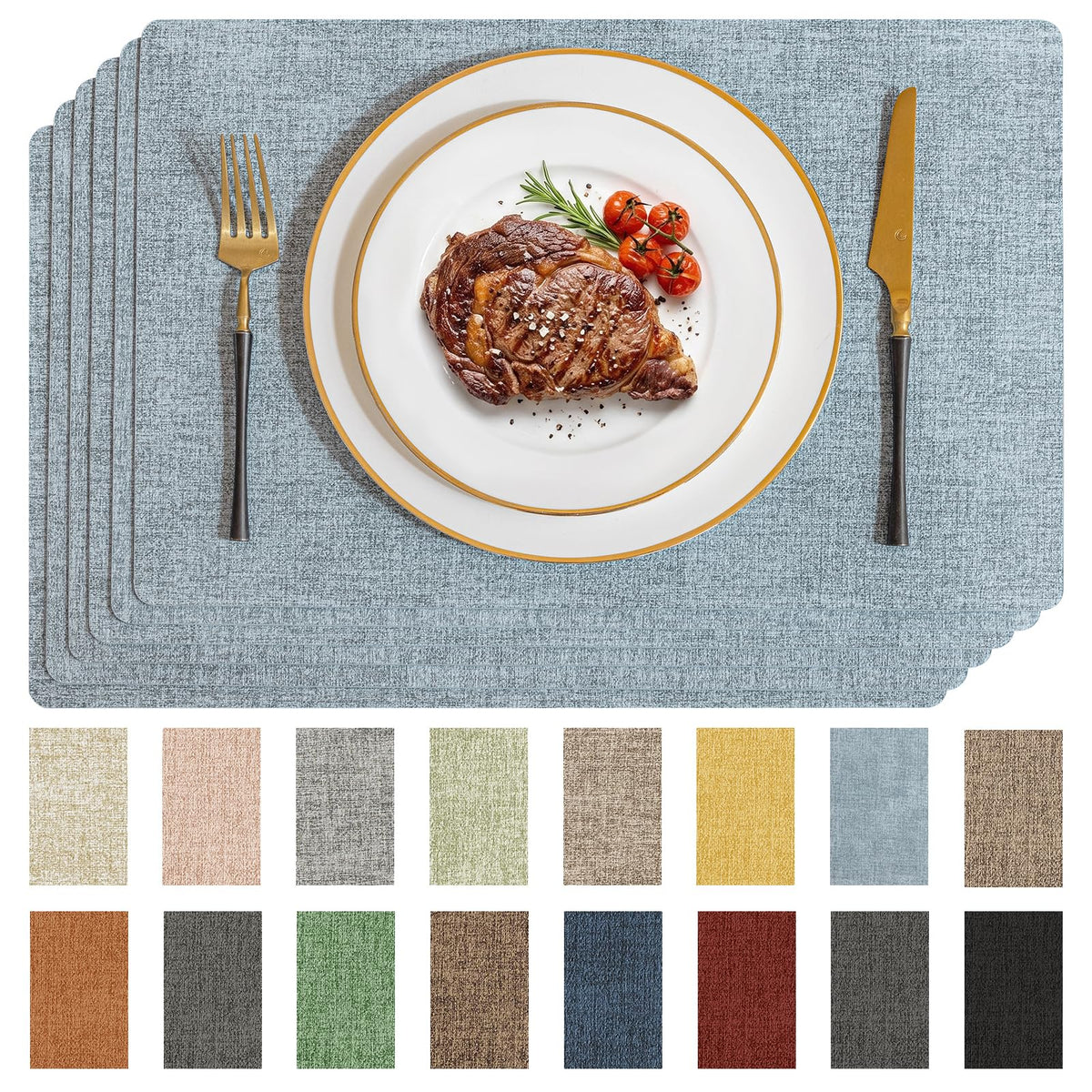 Romanstile Faux Leather Vinyl Placemats Set of 6, Light Grey