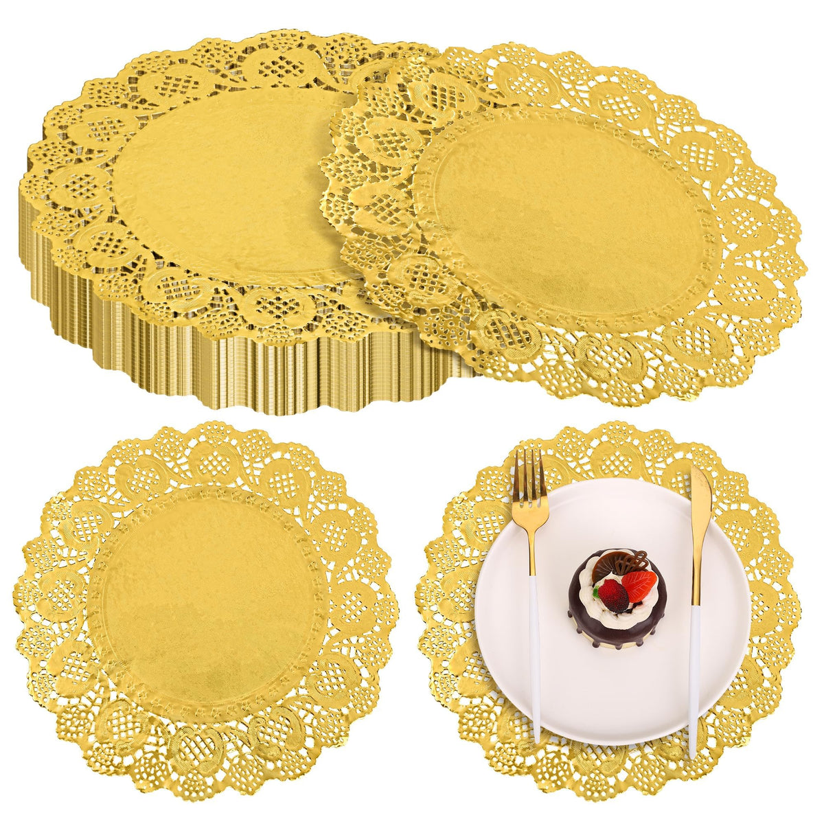 MCEAST 100 Pack Round Brown Kraft Paper Doilies 13.5 Inches Lace Paper Place Mats Rustic Scallop Doily Disposable Table Pads for Food Cakes Crafts Party Weddings Tableware Decor