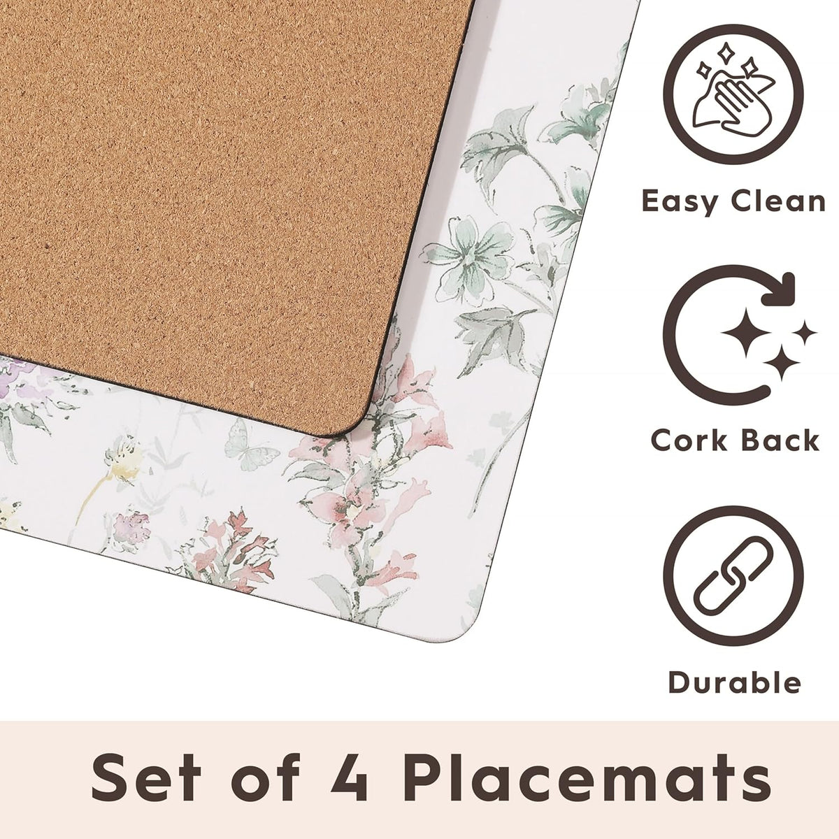 Laura Ashley Cork Placemats, 16 x 12-inch, Set of 4, Wild Meadow